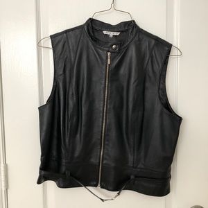 CAbi Black Leather Vest Zip Front Belted Women's Size XL Lined